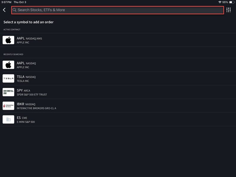 The symbol search on the iPad